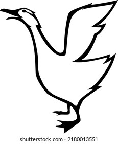 A screaming goose with raised wings. Vector isolated monochrome stylized image.