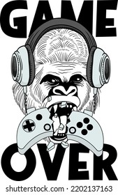 Screaming Gorilla in headphones. Gorilla game over. Humor card, tshirt composition, hand drawn style print. Vector illustration.