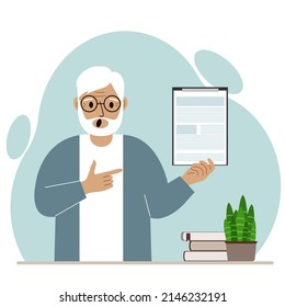 Screaming grandfather with open mouth holding a clipboard with a document and points his finger at it. Vector flat illustration