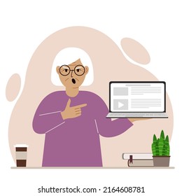 Screaming grandmother holding a laptop computer with one hand and pointing at it with the other. Laptop computer technology concept. Vector flat illustration