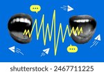 Screaming halftone lips. Illustration of gossip at work. Vector illustration of hate on social networks. Gossiping women. Two women discussing something. Trendy newspaper elements