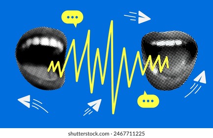 Screaming halftone lips. Illustration of gossip at work. Vector illustration of hate on social networks. Gossiping women. Two women discussing something. Trendy newspaper elements