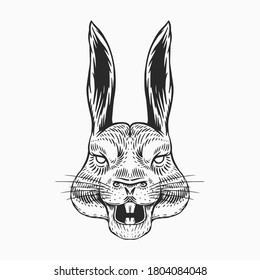 Screaming Hare or mad rabbit for tattoo or label. Roaring animal. Engraved hand drawn line art Vintage old monochrome sketch. Vector illustration.