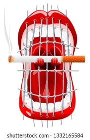 Screaming human mouth is closed by a prison bars and holding a cigarette, concept of quitting smoking, vector illustration.