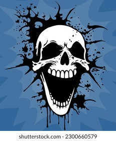 Screaming human skull. Cheerful skull in tattoo style. Vector illustration on a blue gradient background.