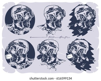 Screaming ice hockey player in profile, vector