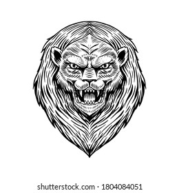 Screaming mad lion or Leo. Animal for tattoo or label. Roaring beast. Engraved hand drawn line art Vintage old monochrome sketch. Vector illustration. 