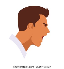 Screaming man. Angry, furious person yelling. Portrait of young man, profile view, head and short hair, emotional expression. Outline illustration for design, label, infographic.