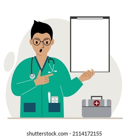 Screaming man doctor holding a file with blank paper for text. Vector