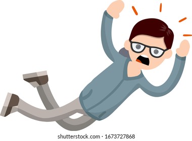Un hombre que grita cae de altura. horror y miedo a las alturas - fobia Acrofobia. Dibujo plano de caricatura. Suelta a un nerd joven