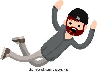 Screaming man falls from height. horror and fear of heights - phobia Acrophobia. Cartoon flat illustration. Drop young guy