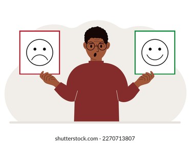 Screaming man holds a card with a sad emoji in one hand and a smiling emoji in the other hand. The concept of emotions, masks or psychological help. Vector flat illustration