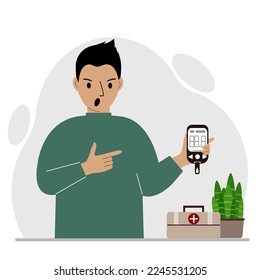 Un hombre que grita sostiene un glucómetro en la mano. El concepto de control del azúcar en la sangre, diabético. Ilustración plana del vector