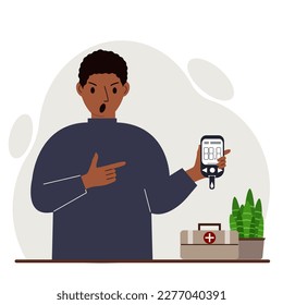 Der Schreibende hält ein Glukometer in der Hand. Das Konzept der Blutzuckerkontrolle, Diabetiker. Vektorgrafik