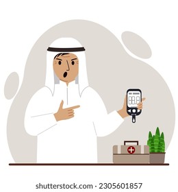 Screaming man holds a glucometer in his hand. The concept of blood sugar control, diabetic. Vector flat illustration