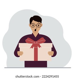 Screaming man holds a large gift box with a bow in his hands. Vector flat illustration