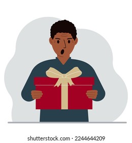 Screaming man holds a large gift box with a bow in his hands. Vector flat illustration