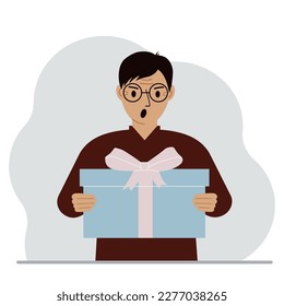 Screaming man holds a large gift box with a bow in his hands. Vector flat illustration