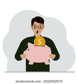 Screaming man holds a piggy bank, a coin falls into the piggy bank. The concept of saving finance, savings, investing finances. Vector flat illustration