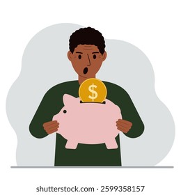 Screaming man holds a piggy bank, a coin falls into the piggy bank. The concept of saving finance, savings, investing finances.