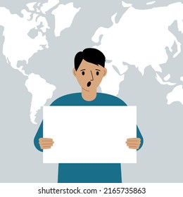 Screaming man holds and shows a white blank sheet, or a poster. Against the backdrop of the karate of the world. Vector flat illustration