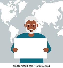 Screaming man holds and shows a white blank sheet, or a poster. Against the backdrop of the karate of the world. Vector flat illustration