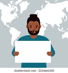Screaming man holds and shows a white blank sheet, or a poster. Against the backdrop of the karate of the world. Vector flat illustration