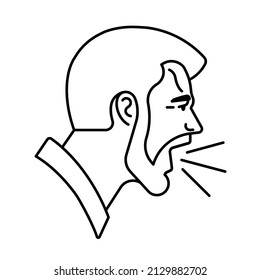 Icono de hombre gritando. Una ofensiva furiosa gritando. Icono de línea de cara masculina, vista de perfil, barba, expresión emocional. Ilustración de esquema para diseño, etiqueta, infografía.