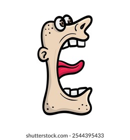 Screaming man letter "E" with tongue out, vector style