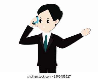 Screaming man on phone. Emotional business communication. Aggressive behavior of a businessman. Stressful situation. Businessman was frustrated by phone. Cartoon illustration isolated in flat style
