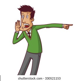 Screaming man points a finger at an event, vector illustration