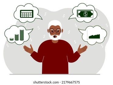 Screaming man thinking about finances. In my thoughts money, calculator, charts. For posters, banners, websites. Vector flat illustration
