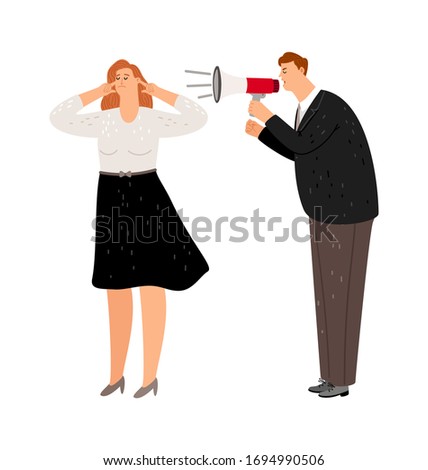 Screaming manager. Girl does not listen boss. Agressive management, negative leader vector illustration