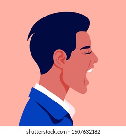 Screaming man's face in profile. Head of a guy in stress on the side. Aggression and irritation. Vector flat illustration