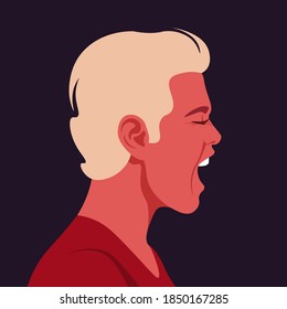 Screaming man's face in a profile. Head of a blond guy in stress on the side. Aggression and irritation. Vector flat illustration