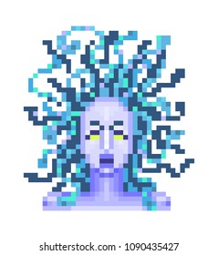 Screaming Medusa Gorgon, Greek mythology monster, pixel art portrait isolated on white background. Ancient evil female creature. Angry demonic woman. Ancient Greece legend character. Cultural symbol.