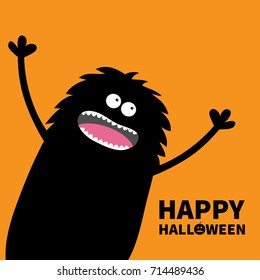 Screaming monster fluffy silhouette in the corner looking up. Eyes, teeth, tongue, spooky hands. Black Funny Cute cartoon baby character. Happy Halloween pumpkin text. Flat Orange background. Vector