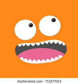 Screaming monster head. Boo Spooky face emotion. Big eyes, tongue, teeth fang, mouse. Square head. Happy Halloween card. Flat design style Orange background. Vector illustration