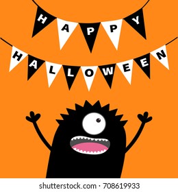 Screaming monster head silhouette. Bunting flags pack Happy Halloween letters. Hanging flag garland. Black Funny Cute cartoon baby character. Flat design. Orange background. Vector