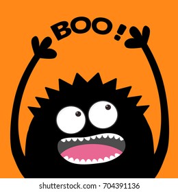 Screaming monster head silhouette looking up to Boo text. Two eyes, teeth, tongue, hands. Black Funny Cute cartoon baby character. Happy Halloween. Flat design. Orange background. Vector