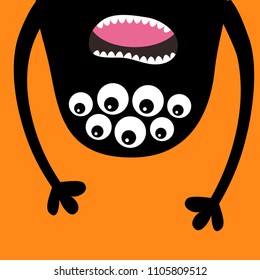Screaming monster head silhouette. Many eyes, teeth tongue, hands. Hanging upside down. Black Funny Cute cartoon character. Baby collection. Happy Halloween card. Flat design. Orange background Vector