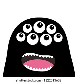 Screaming monster head silhouette. Many eyes, teeth, tongue. Black Funny Cute cartoon character. Baby collection. Happy Halloween card. Flat design. White background. Vector illustration
