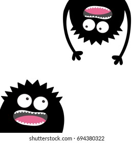 Screaming monster head silhouette set. Two eyes, teeth, tongue, hands. Hanging upside down. Black Cute cartoon character. Baby collection. Happy Halloween card. Flat design. White background. Vector