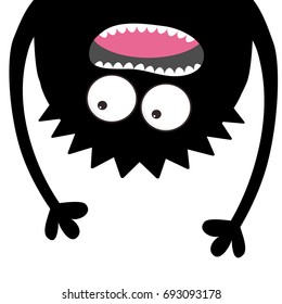 Screaming monster head silhouette. Two eyes, teeth, tongue, hands. Hanging upside down. Black Funny Cute cartoon character. Baby collection. Happy Halloween card. Flat design. White background. Vector