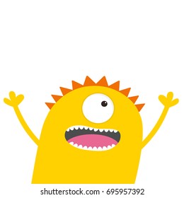 Screaming monster head with two eyes, hands, teeth, tongue, waving. Funny Cute cartoon character. Baby collection. Happy Halloween card. Flat design. White background. Vector illustration