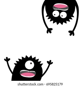 Screaming monster set. Head silhouette. Two eyes, teeth, tongue, hands. Hanging upside down. Black Funny Cute cartoon character. Baby collection. Happy Halloween. Flat design. White background Vector