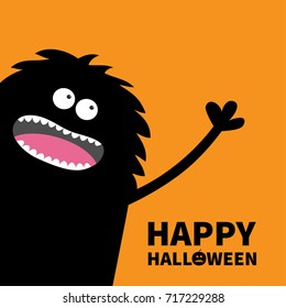 Screaming monster silhouette in the corner looking up. Eyes, teeth, tongue, spooky hands. Black Funny Cute cartoon baby character. Happy Halloween pumpkin text. Flat Orange background. Vector