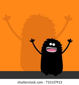 Screaming monster silhouette looking up. Wall shadow shade. Two eyes, teeth, tongue, spooky hands. Black Funny Cute cartoon baby character. Happy Halloween. Flat design. Orange background. Vector