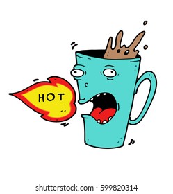 Screaming mug with too hot tea