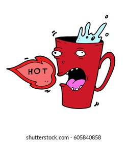 Screaming mug with too hot tea